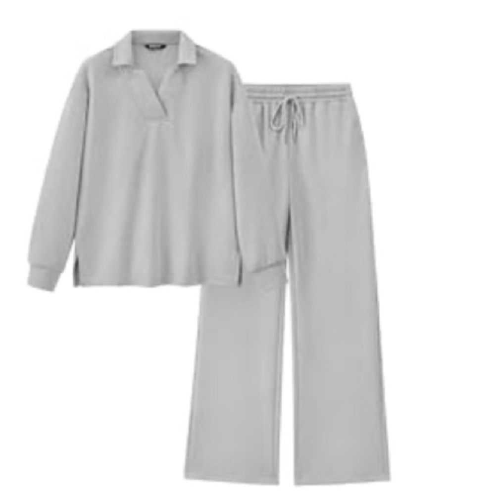 BTFBM Women Lapel V Neck Long Sleeve Pullover and Wide Leg Pants